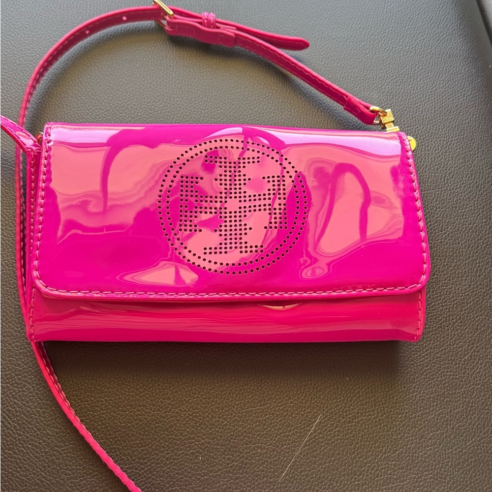 TORY BURCH Pink Patent Leather Perforated Logo Crossbody Clutch Shoulder Bag
